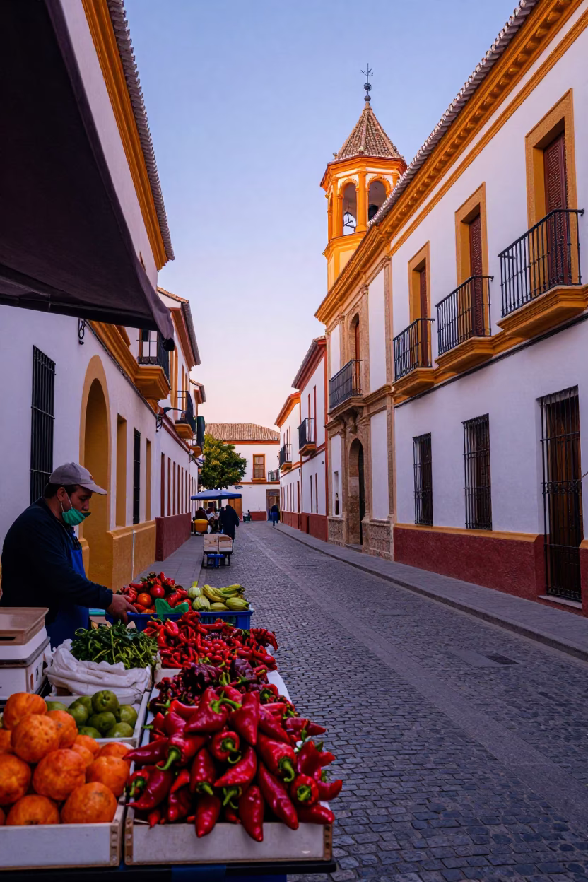 Colorful Dawn Street Scene in Granada Spain with Local Market Stalls and Alhambra Views in in Granada, Spain
