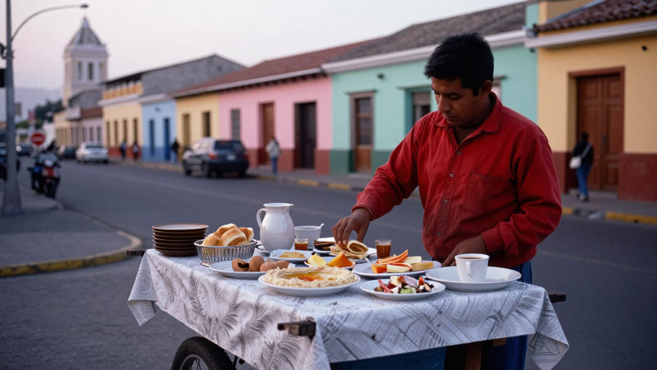 Colorful Dawn Street Scene in Lima Peru with Local Breakfast and Traditional Tablecloth in in Lima, Peru
