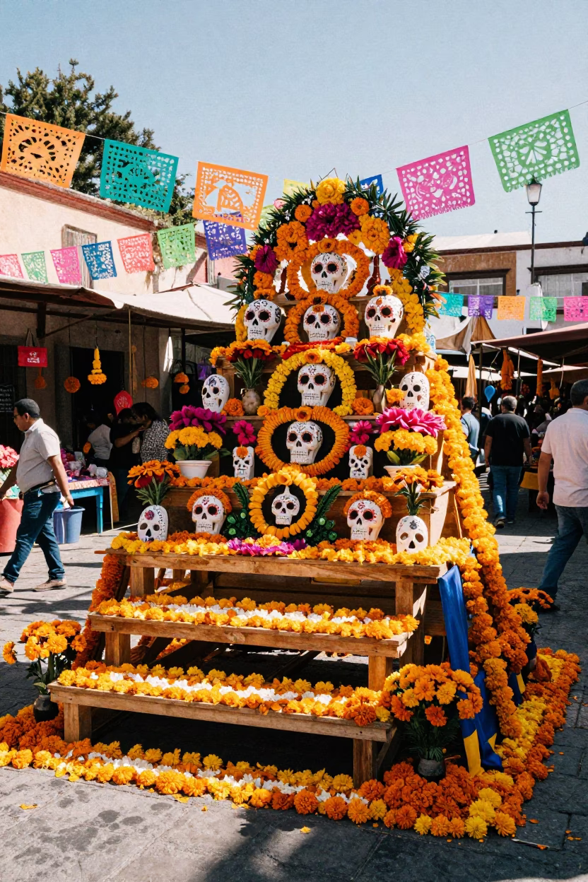 Colorful Day of the Dead Altar Display in Oaxaca Mexico Market in in Oaxaca, Mexico