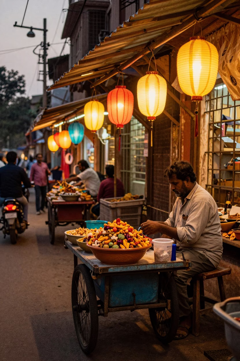 Colorful Delhi Evening Street Scene with Paper Lanterns and Lived-In Details in in Delhi, India