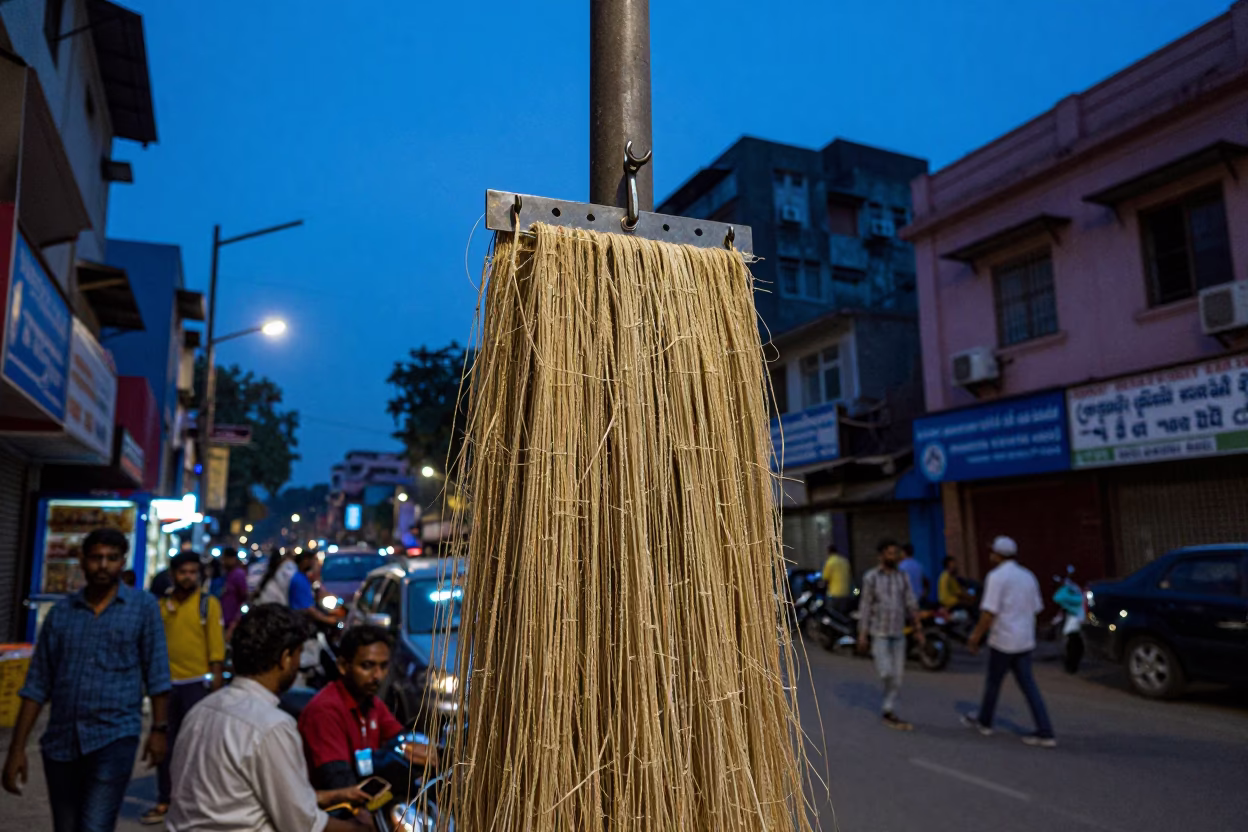 Colorful Delhi Street Scene at Blue Hour with Twine and Local Commerce in in Delhi, India
