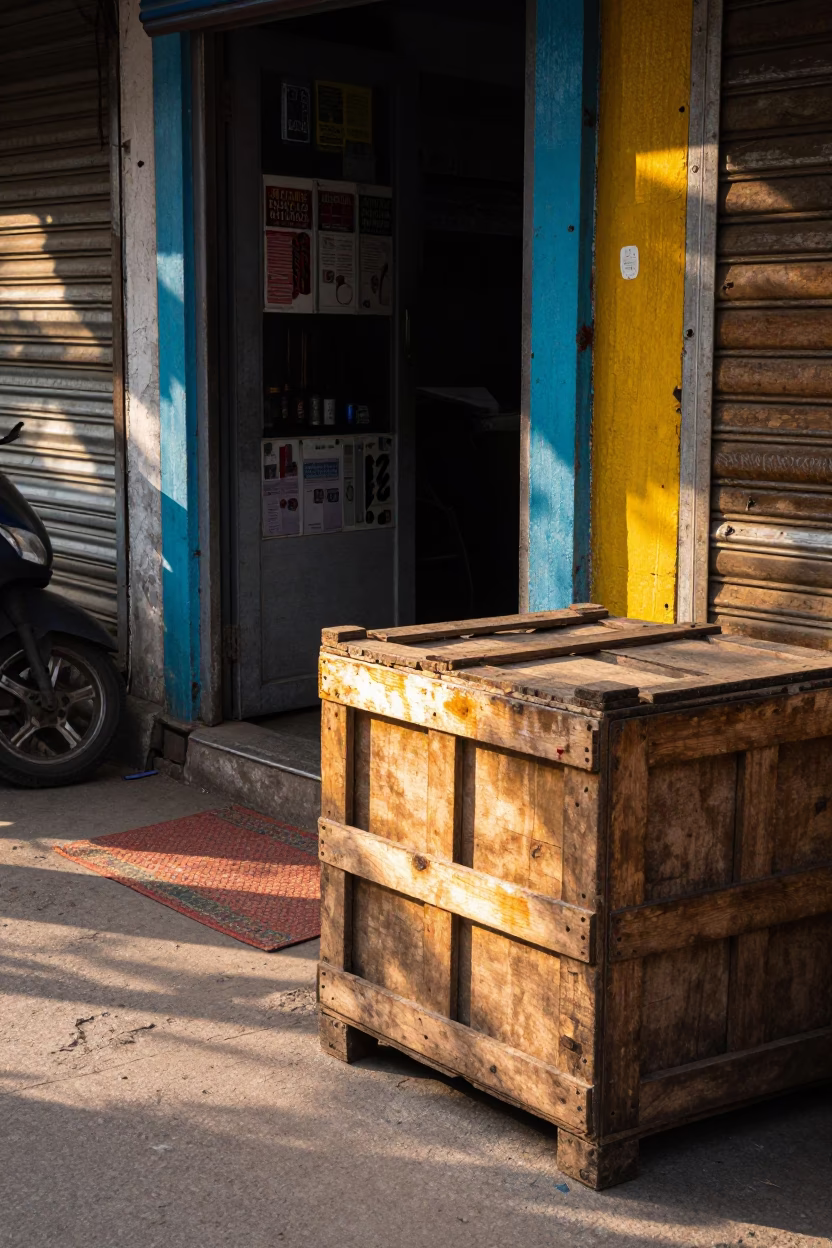 Colorful Delhi Street Scene Early Afternoon with Wooden Crate and Doormat in in Delhi, India
