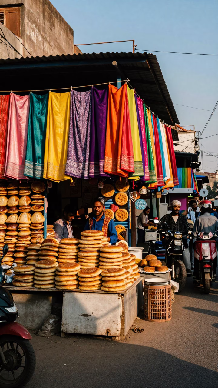 Colorful Delhi Street Scene with Arepas and Vibrant Late Afternoon Light in in Delhi, India