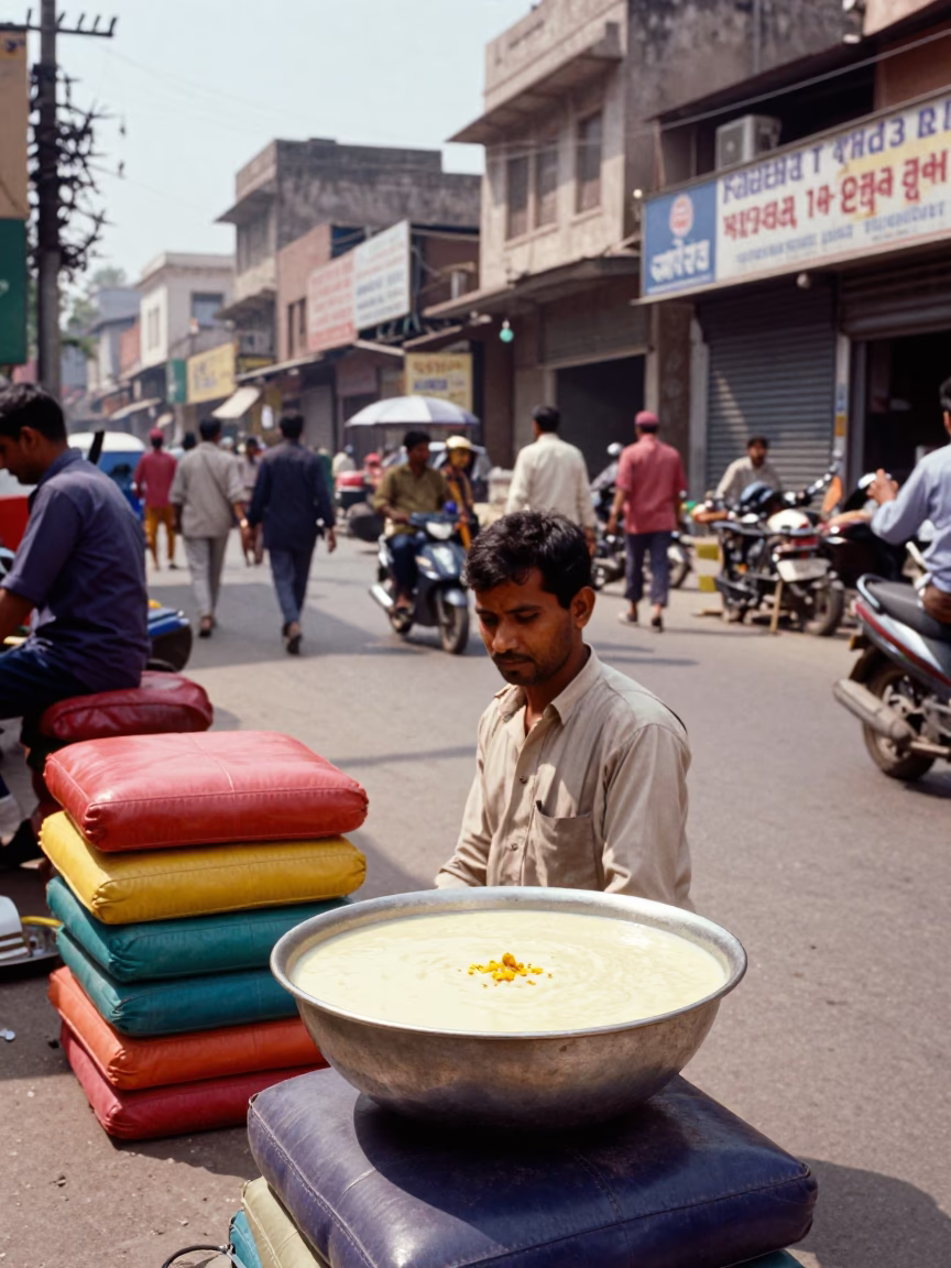 Colorful Delhi Street Scene with Kheer Sagar Bowl and Local Market Details in in Delhi, India