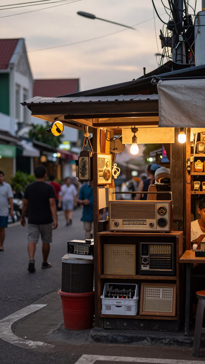 Colorful Denpasar Indonesia Evening Street Scene with Vintage Radio and Coat Hook in in Denpasar, Indonesia