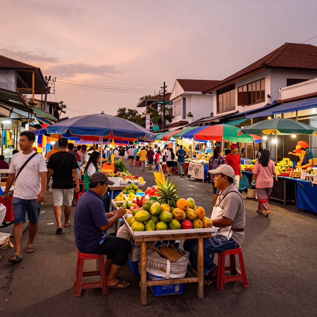 Colorful Denpasar Indonesia Street Scene Before Dusk with Local Market Activity in in Denpasar, Indonesia