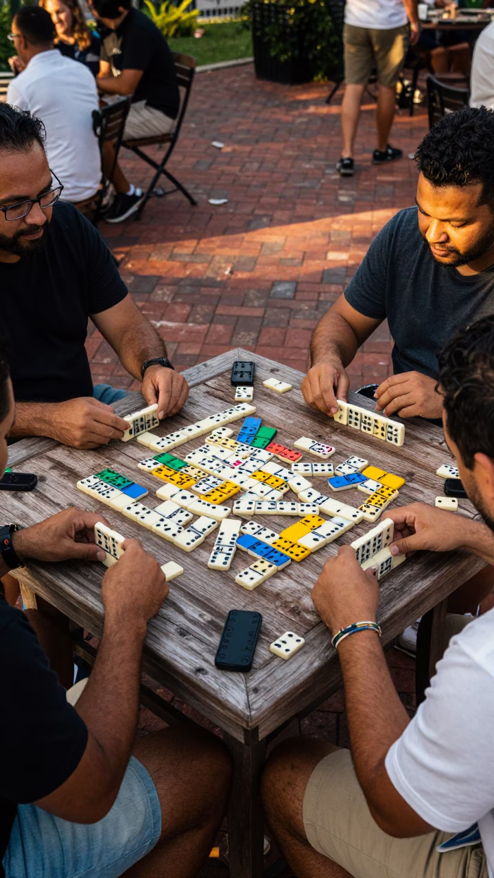 Colorful Domino Game on Brick Patio in Miami Florida Evening Light in in Miami, Florida, United States