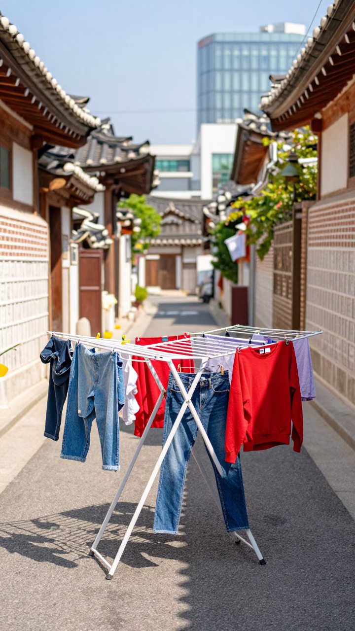 Colorful Drying Rack Display on Narrow Seoul Alleyway Street During Bright Midmorning in in Seoul, South Korea