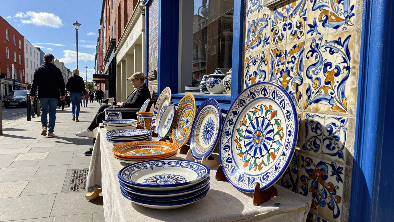 Colorful Dublin Street Scene Midday with Majolica Tile Detail and Urban Architecture in in Dublin, Ireland