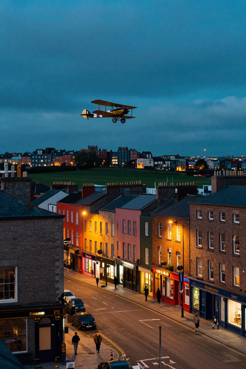 Colorful Dublin Street Scene with Biplane Flying Low Over Field at Twilight in in Dublin, Ireland