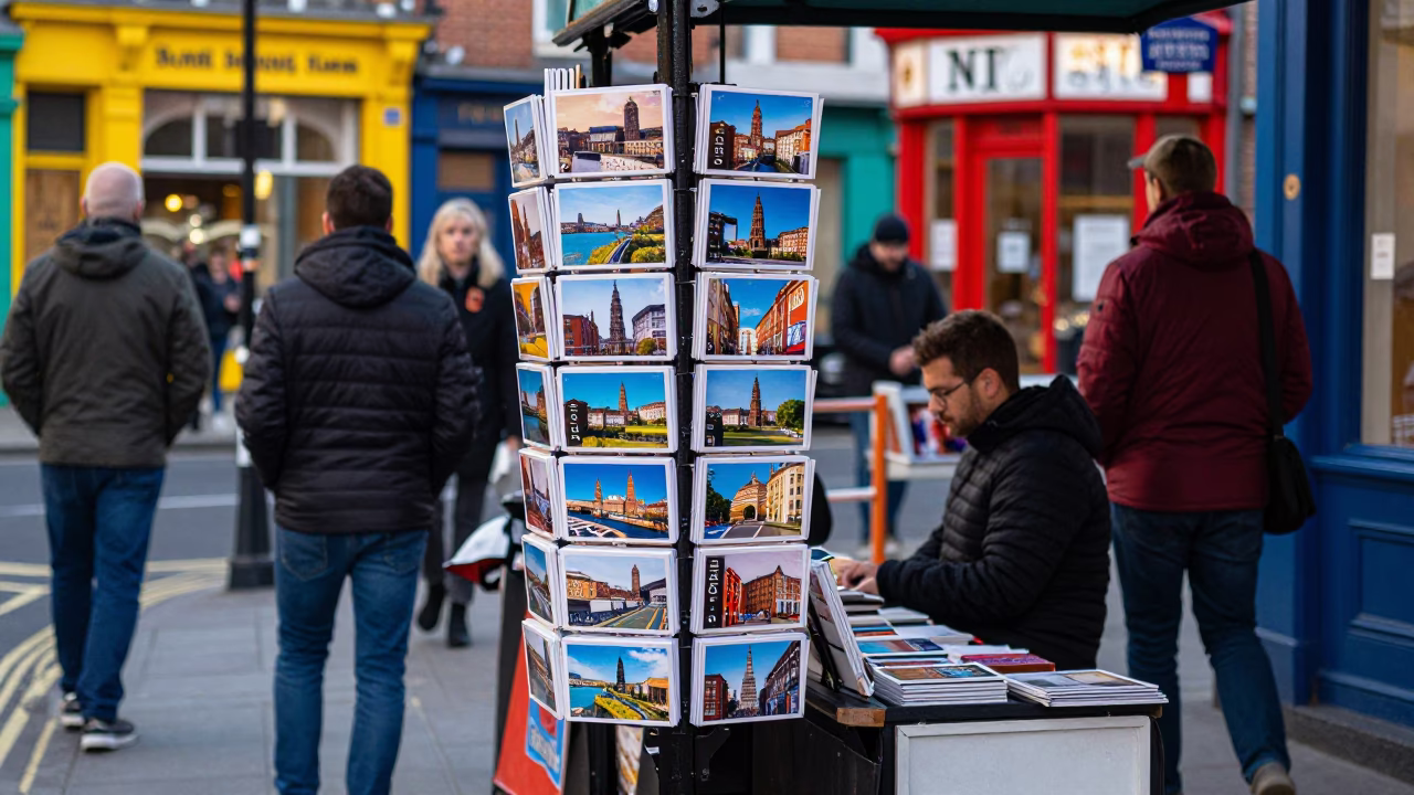 Colorful Dublin Street Scene with Postcards and Iron Hinge at Early Evening in in Dublin, Ireland
