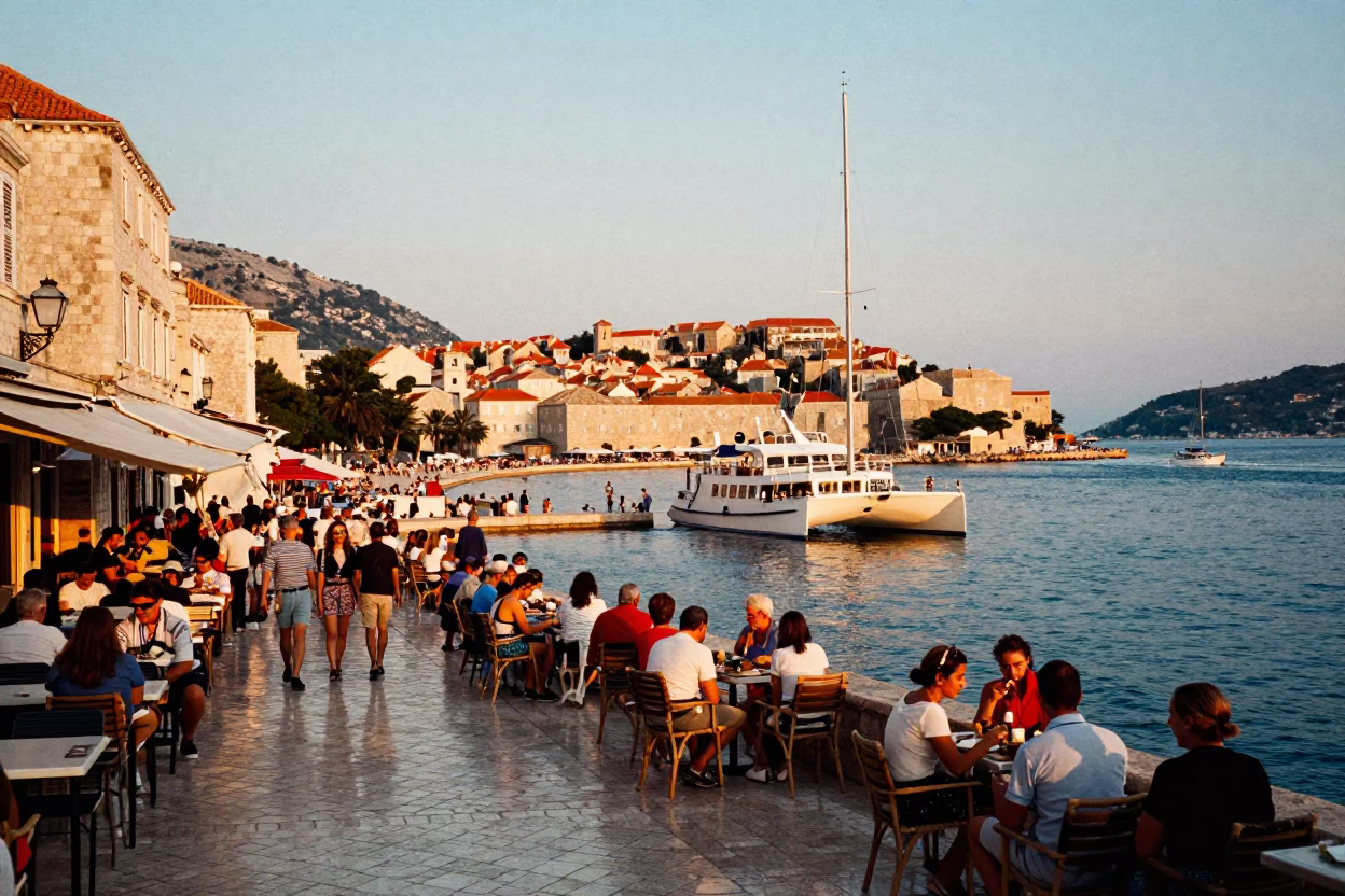 Colorful Dubrovnik Evening Street Scene with Catamaran and Local Dining in in Dubrovnik, Croatia