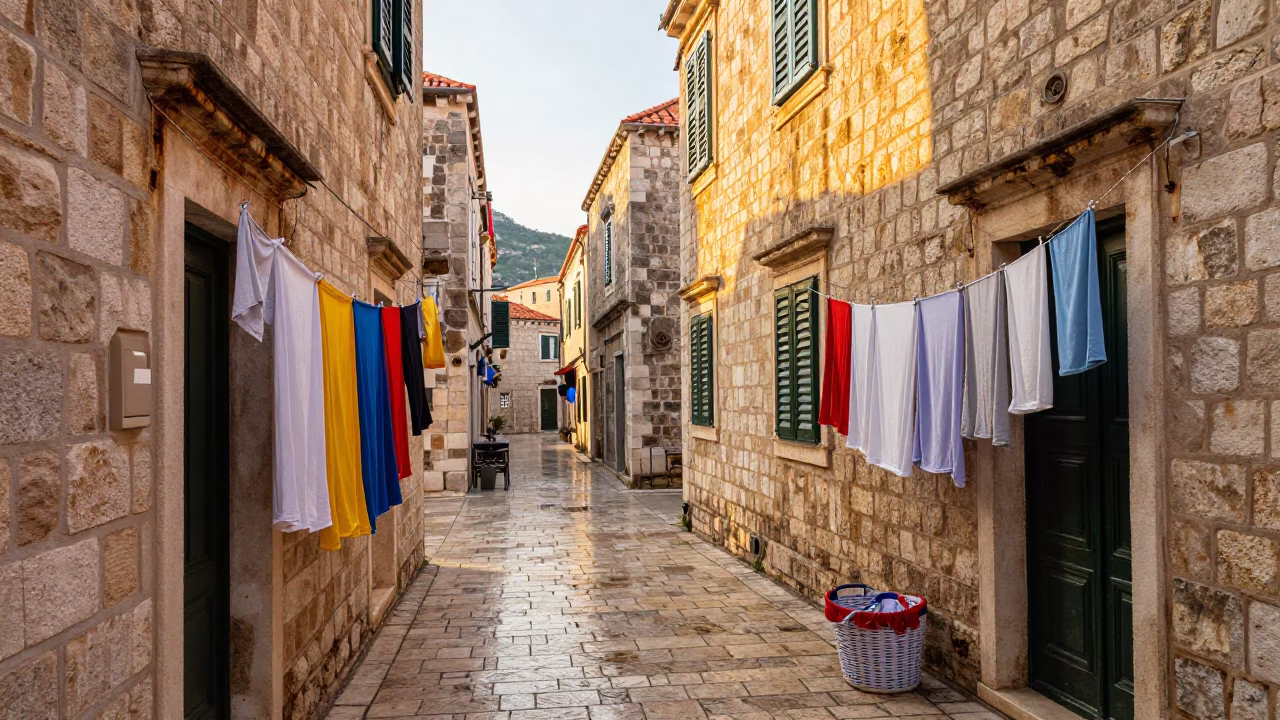 Colorful Dubrovnik Street Scene After Sunrise with Laundry and Local Life in in Dubrovnik, Croatia