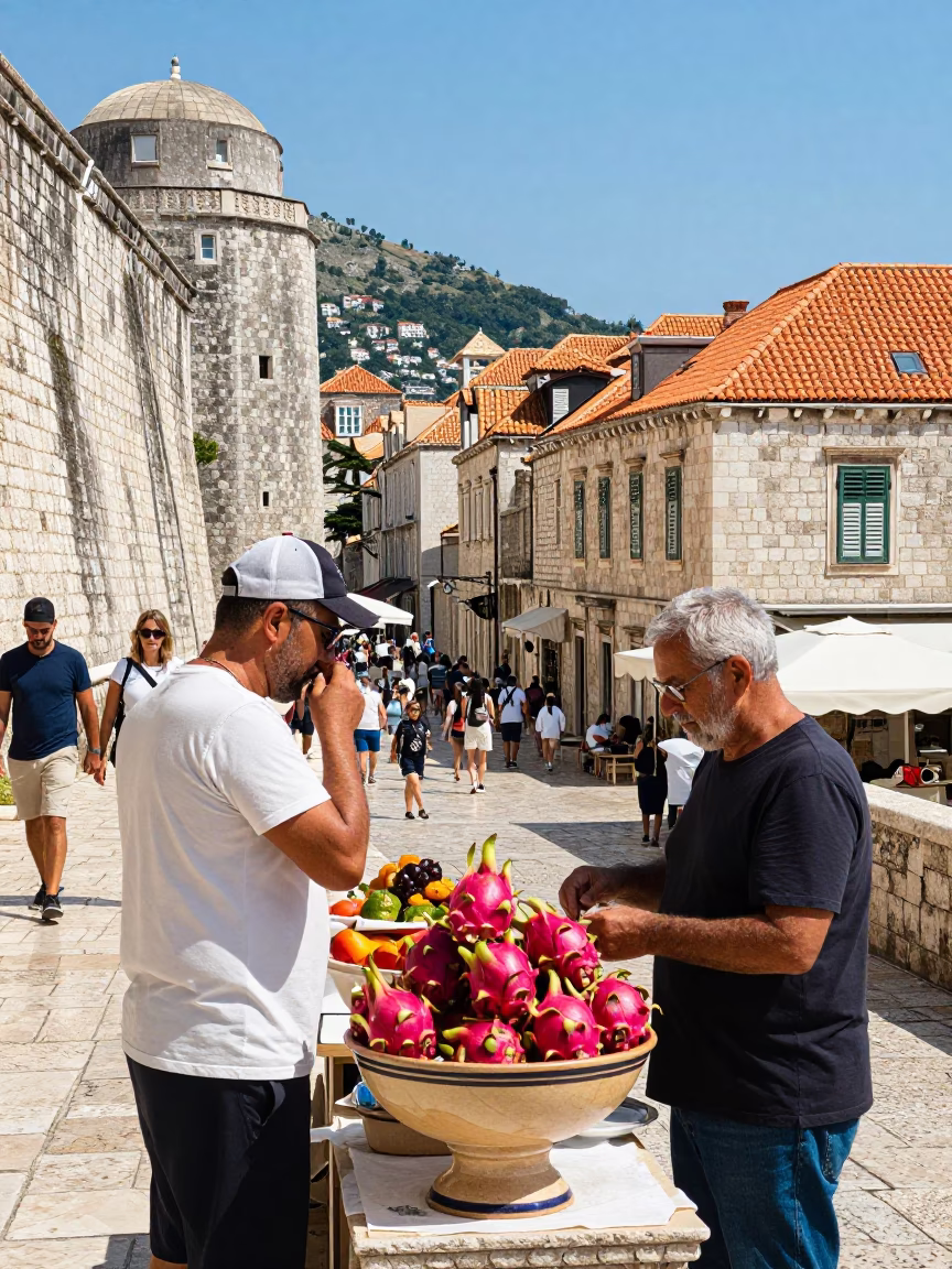 Colorful Dubrovnik Street Scene at Noon with Tourists and Local Market Goods in in Dubrovnik, Croatia