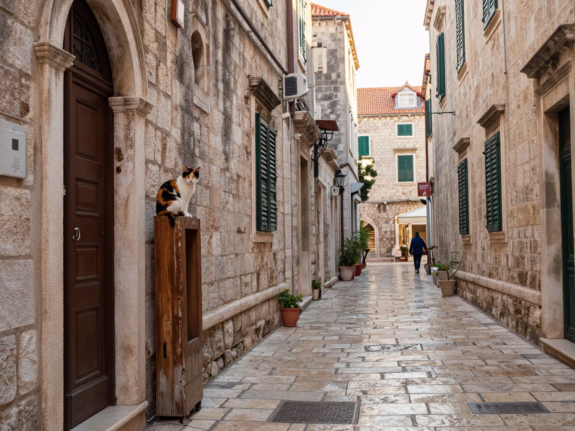 Colorful Dubrovnik Street Scene with Cats and Local Details in in Dubrovnik, Croatia