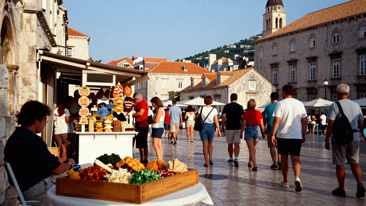 Colorful Dubrovnik street scene with local vendors and tourists in late afternoon light in in Dubrovnik, Croatia