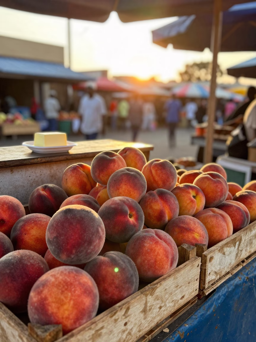 Colorful Durban Street Market Stall with Fresh Peaches and Butter Dish Under Morning Sun in in Durban, South Africa