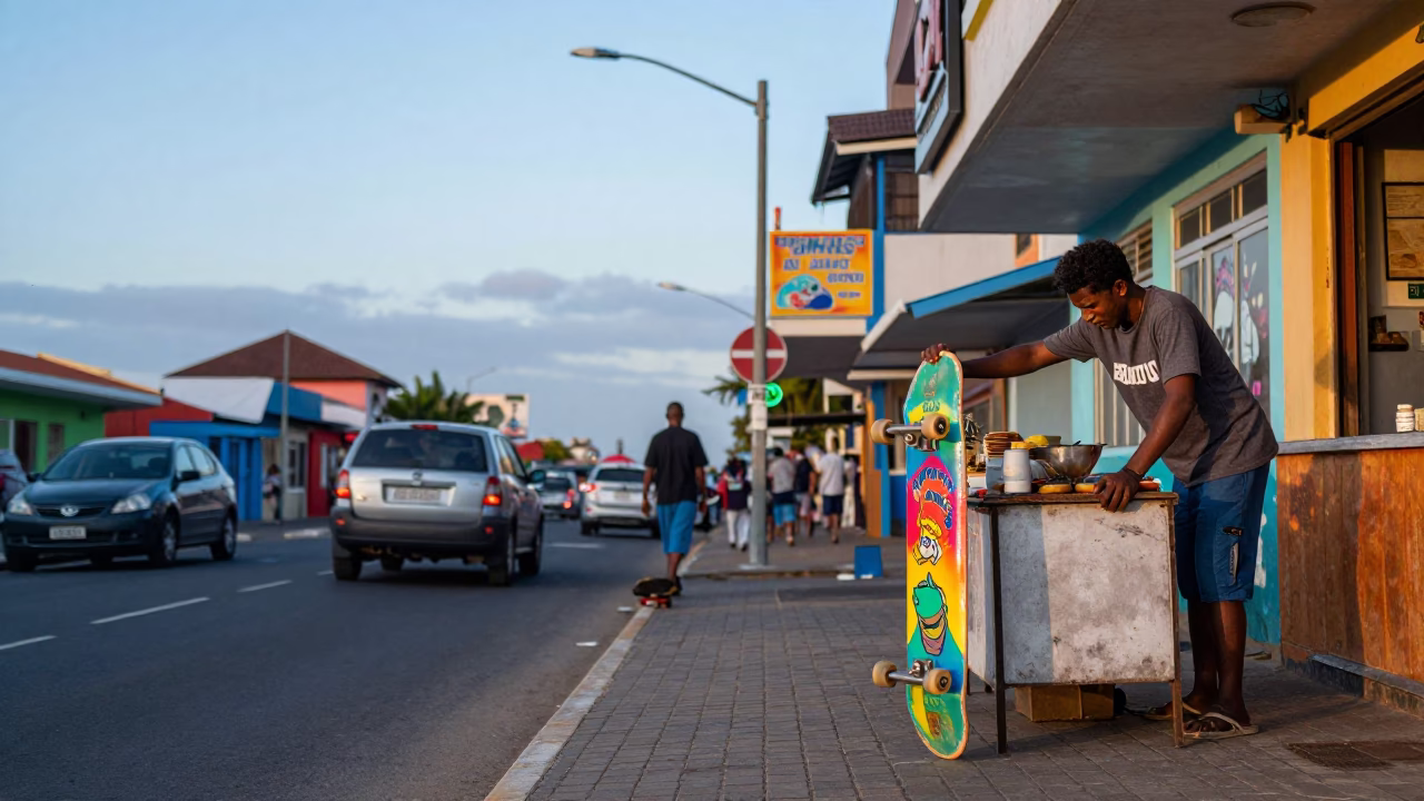 Colorful Durban Street Scene at Nautical Dawn with Skateboard and Ferns in in Durban, South Africa