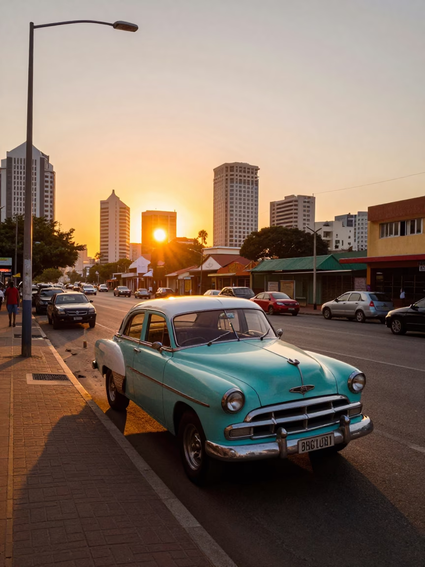 Colorful Durban Street Scene at Sunset with Vintage 1950s Car and Local Market Stalls in in Durban, South Africa