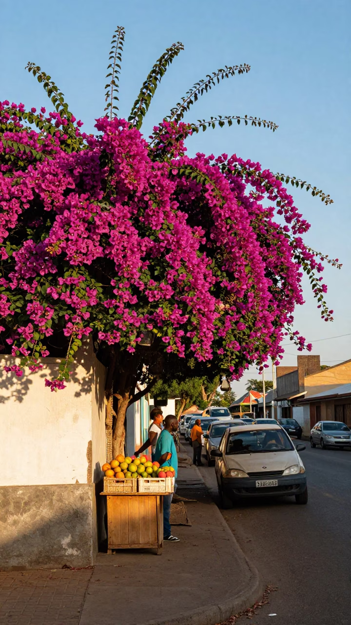 Colorful Durban Street Scene Late Morning with Bougainvillea and Market Activity in in Durban, South Africa