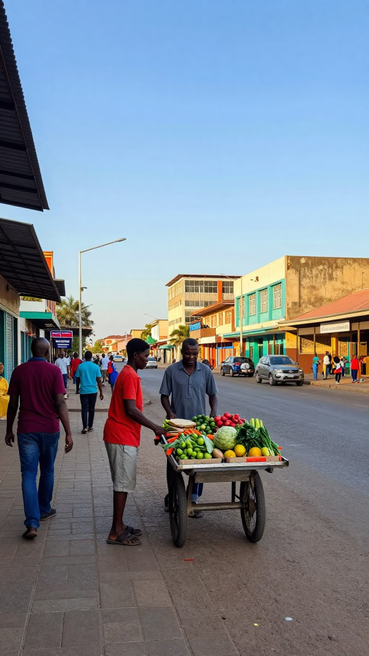 Colorful Durban Street Scene with Rolling Carts in Late Afternoon Light in in Durban, South Africa