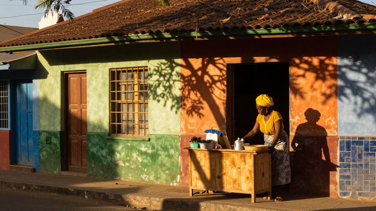Colorful Durban Street Scene with Wicker Shadows in Honeyed Evening Light in in Durban, South Africa