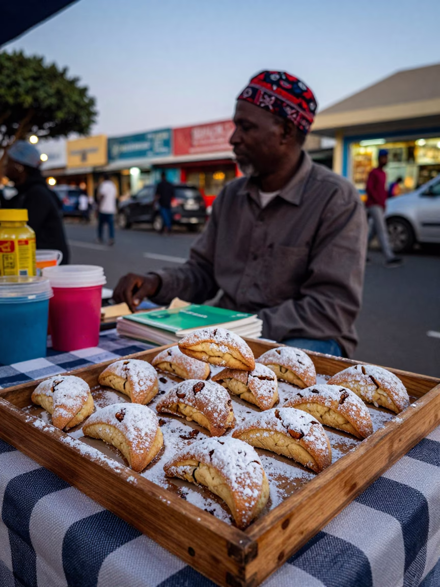 Colorful Durban Street Vendor Evening Scene with Tray of Maamoul Date Cookies in in Durban, South Africa