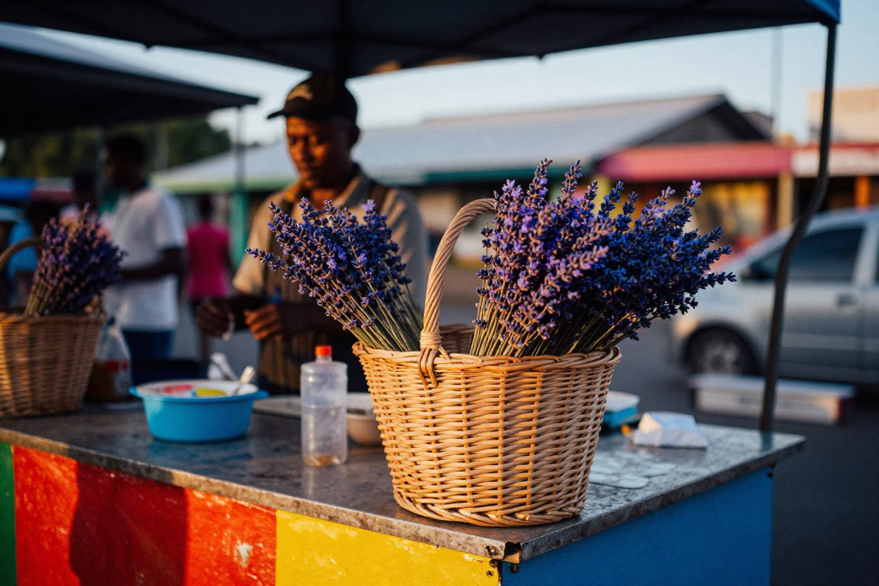 Colorful Durban Street Vendor Evening Scene with Wicker Basket and Local Interaction in in Durban, South Africa