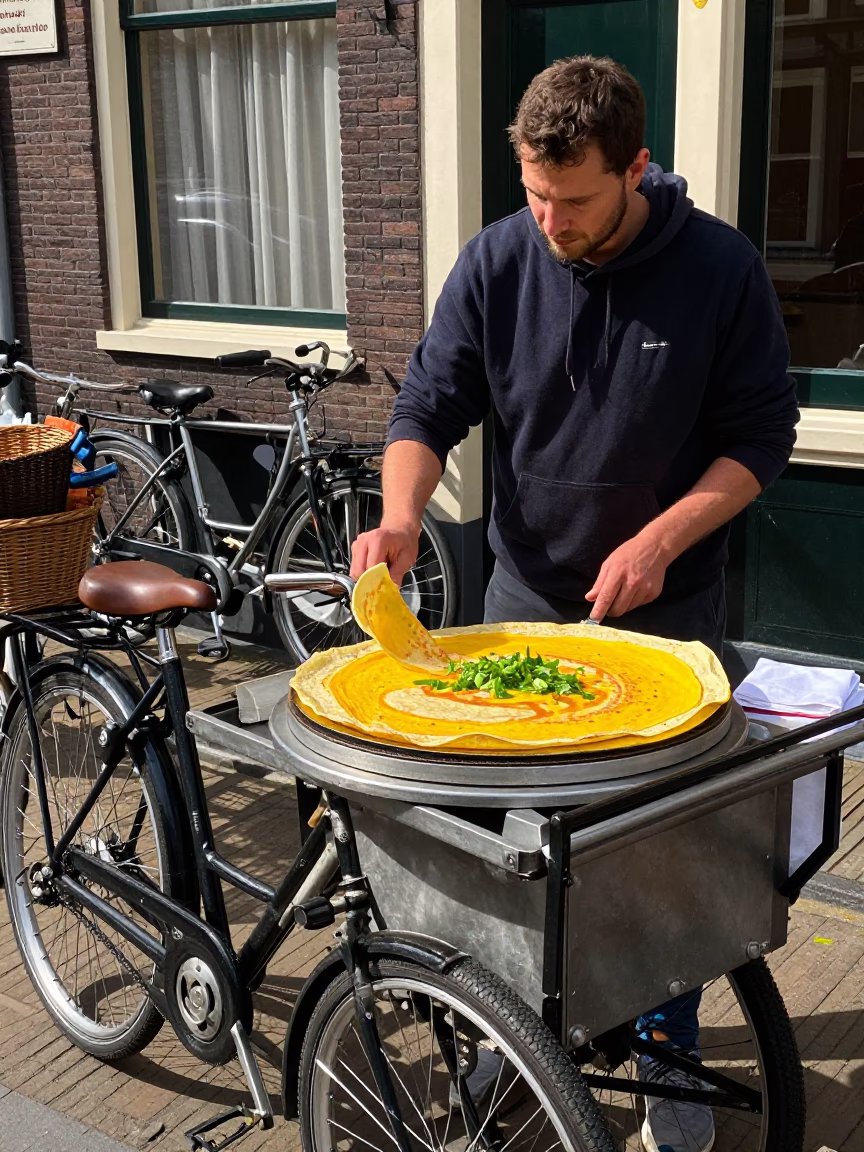 Colorful Dutch Breakfast Street Scene with Jianbing Crepe and Traditional Bicycles in Amsterdam in in Amsterdam, Netherlands