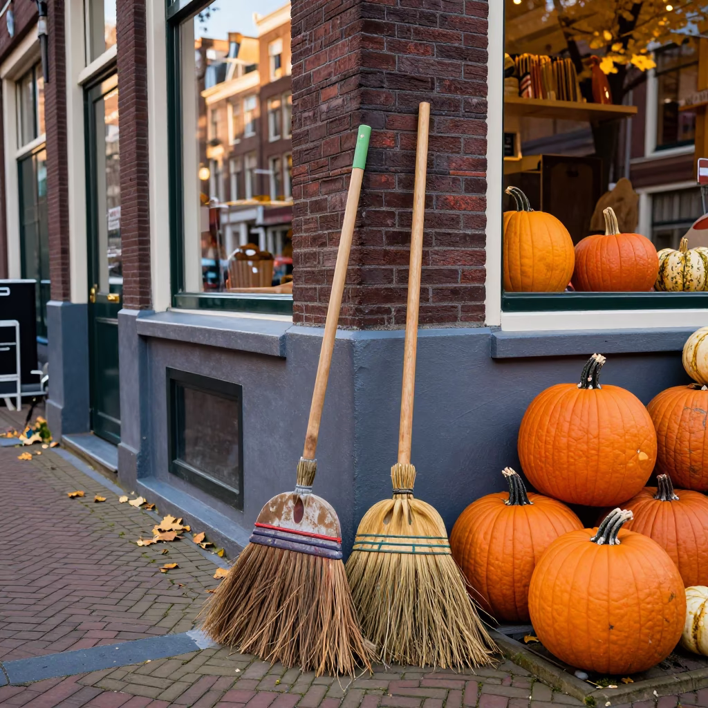 Colorful Dutch Street Scene with Brooms and Pumpkins in Amsterdam Early Afternoon in in Amsterdam, Netherlands