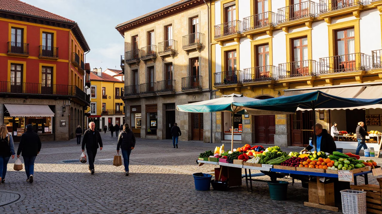 Colorful Early Afternoon Street Scene in Bilbao Spain with Local Market Activity in in Bilbao, Spain