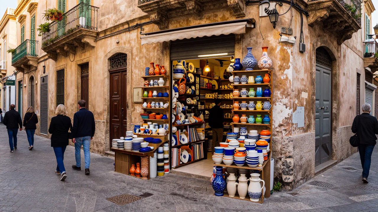 Colorful Early Afternoon Street Scene in Palermo Italy with Local Shop Display in in Palermo, Italy