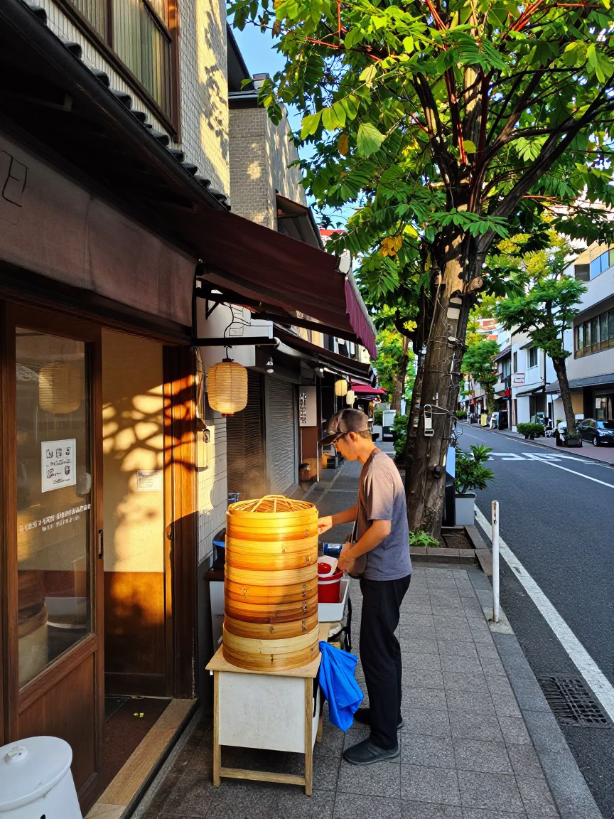 Colorful Early Afternoon Street Scene in Tokyo Japan with Bamboo Steamer and Wicker Shadow in in Tokyo, Japan