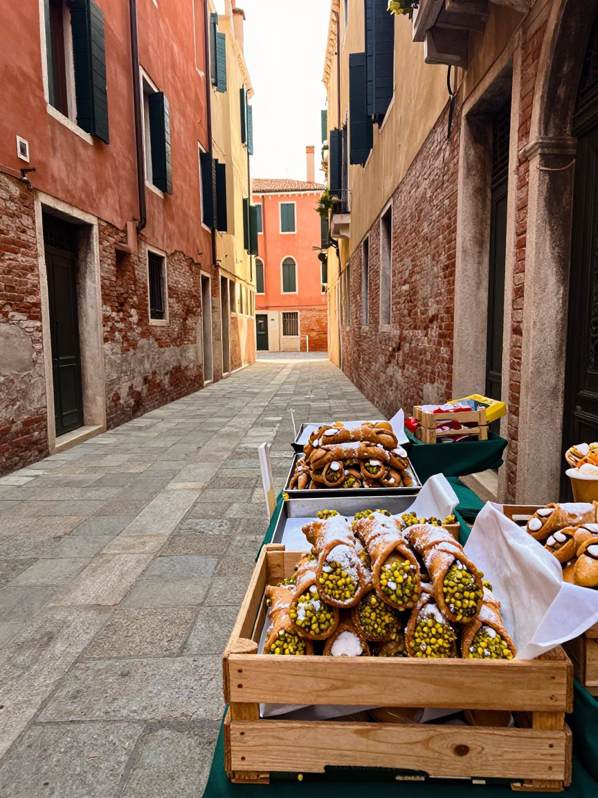 Colorful Early Afternoon Street Scene in Venice Italy with Local Market Goods in in Venice, Italy
