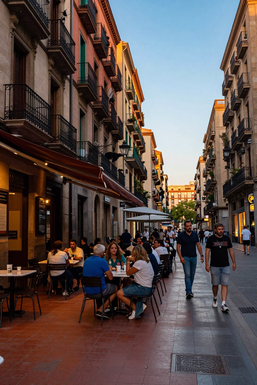 Colorful Early Evening Barcelona Street Scene with Local Dining and Casual Atmosphere in in Barcelona, Spain
