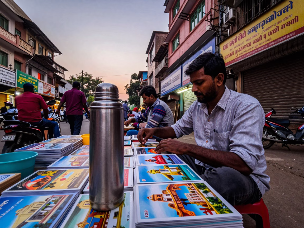 Colorful Early Evening Delhi Street Scene with Thermos and Postcards in in Delhi, India