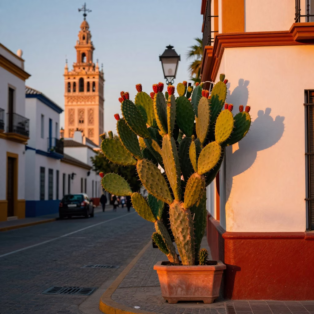 Colorful Early Evening Seville Street Scene with Prickly Pear Cactus and Local Life in in Seville, Spain