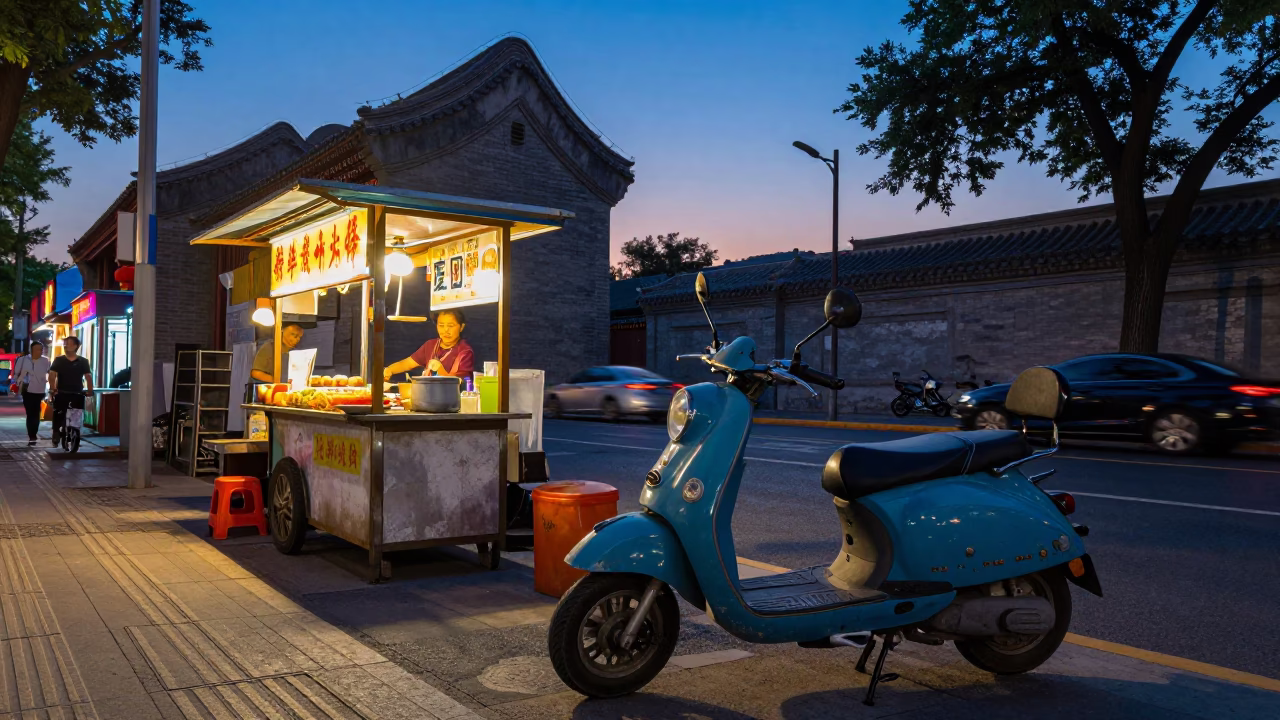 Colorful Early Evening Street Scene in Beijing China with Vintage Scooter and Local Diners in in Beijing, China