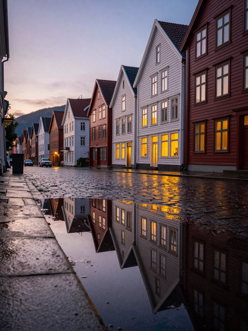 Colorful Early Evening Street Scene in Bergen Norway with Puddle Reflections in in Bergen, Norway