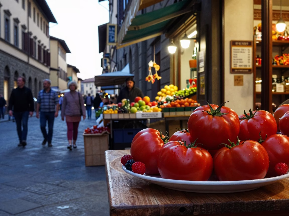 Colorful Early Evening Street Scene in Florence Italy with Local Market Goods in in Florence, Italy