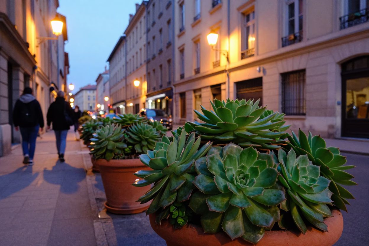 Colorful Early Evening Street Scene in Lyon France with Potted Succulents and Local Life in in Lyon, France