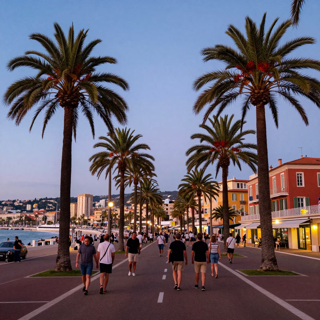 Colorful Early Evening Street Scene in Nice France with Palm Trees and Scooters in in Nice, France