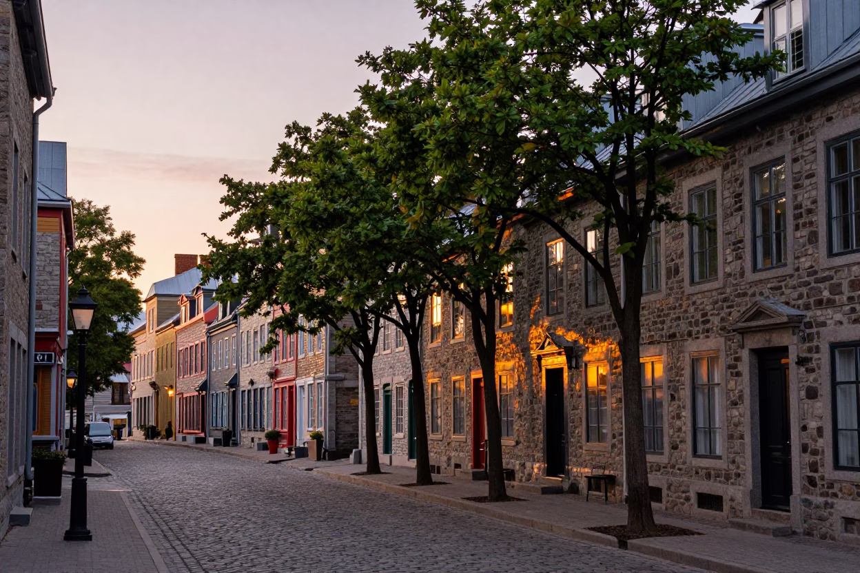Colorful Early Evening Street Scene in Quebec City Featuring Cedar Trees and Vintage Biplane in in Quebec City, Quebec, Canada