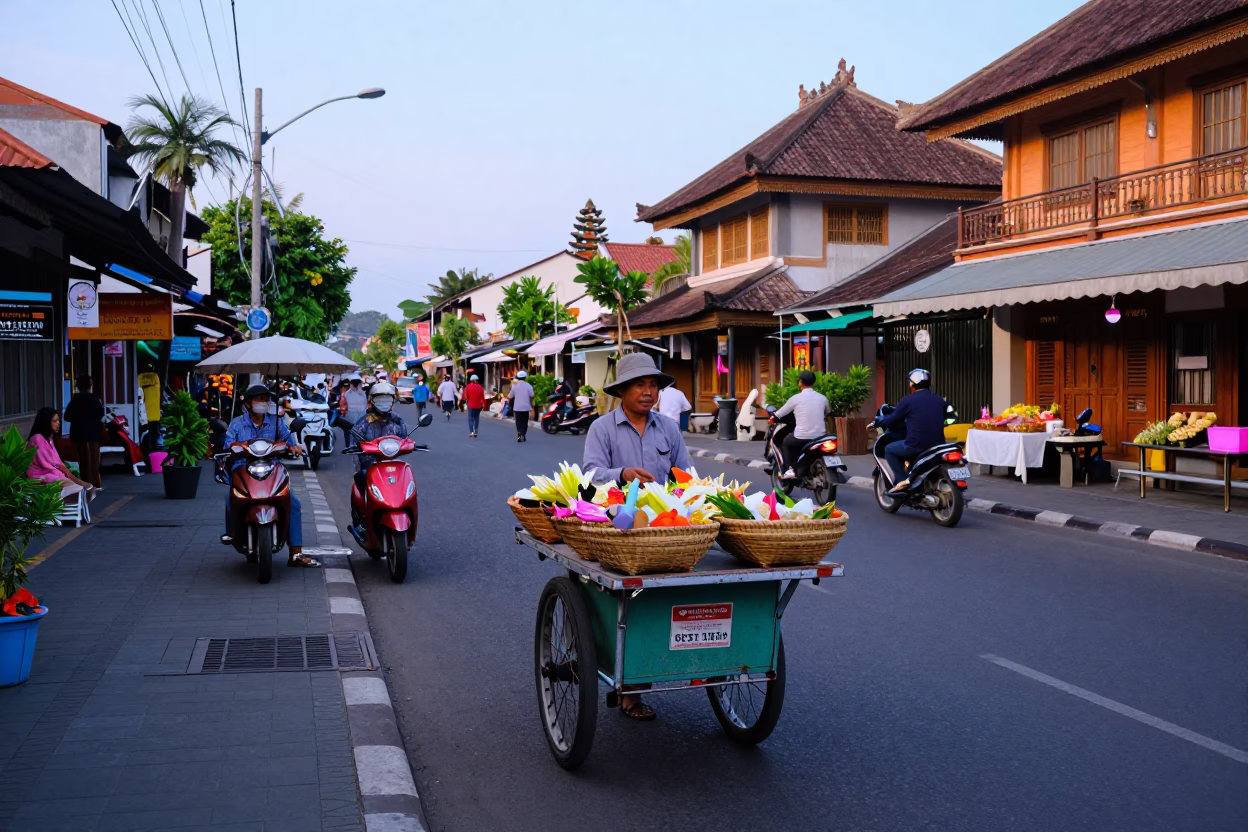 Colorful Early Morning Denpasar Street Scene with Traditional Balinese Elements in in Denpasar, Indonesia