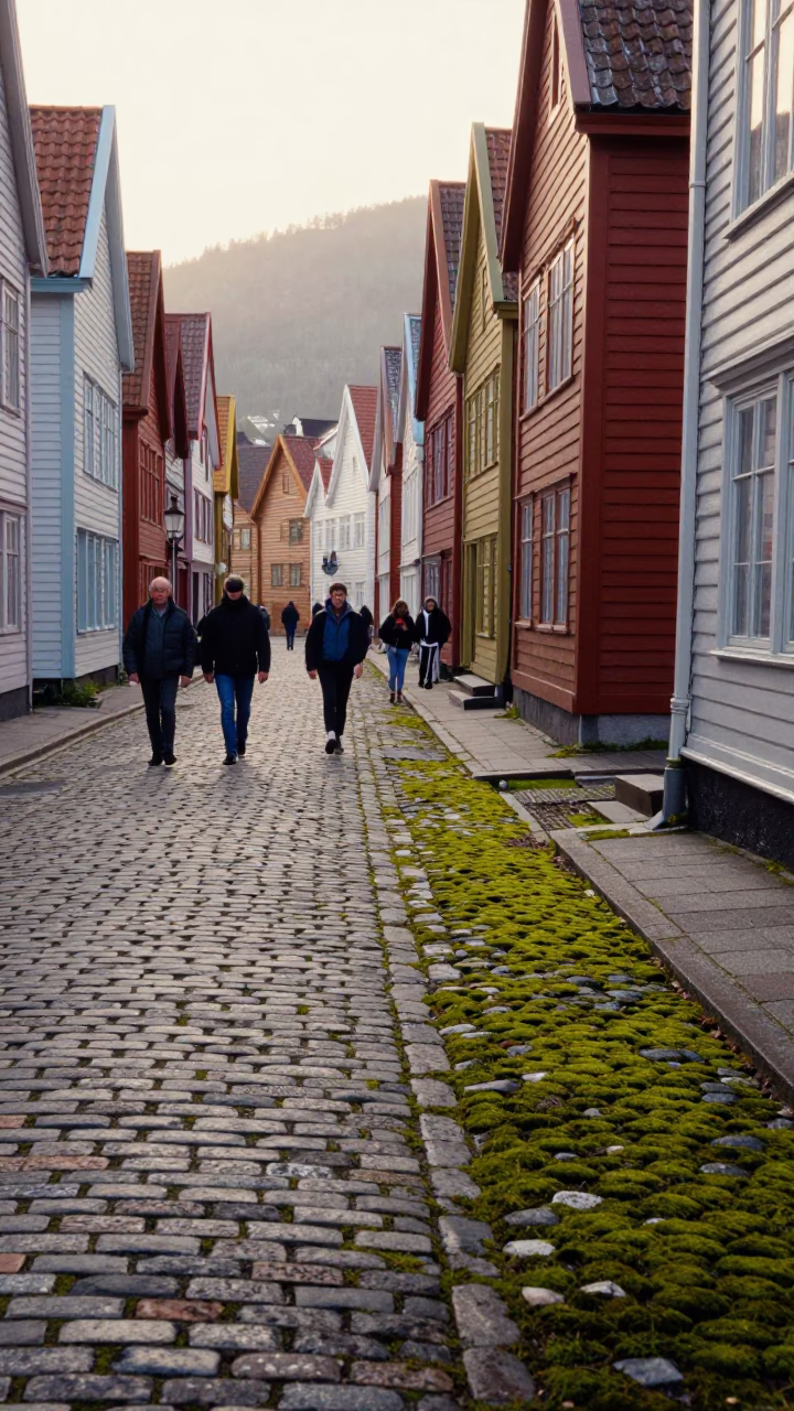 Colorful Early Morning Street Scene in Bergen Norway with Mossy Cobblestones in in Bergen, Norway