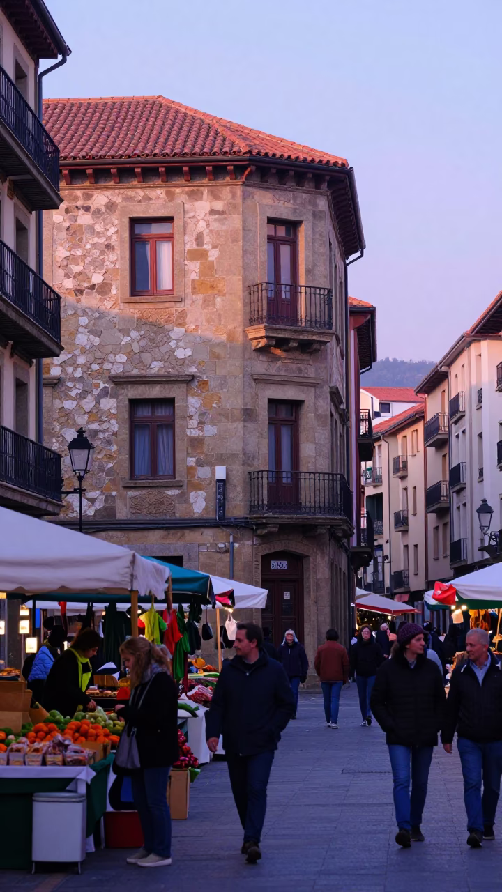 Colorful Early Morning Street Scene in Bilbao Spain with Local Market Details in in Bilbao, Spain