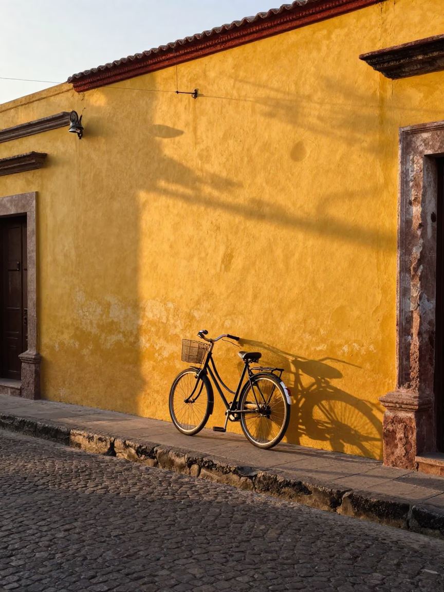 Colorful Early Morning Street Scene in Guadalajara Mexico with Bicycle and Hibiscus in in Guadalajara, Mexico