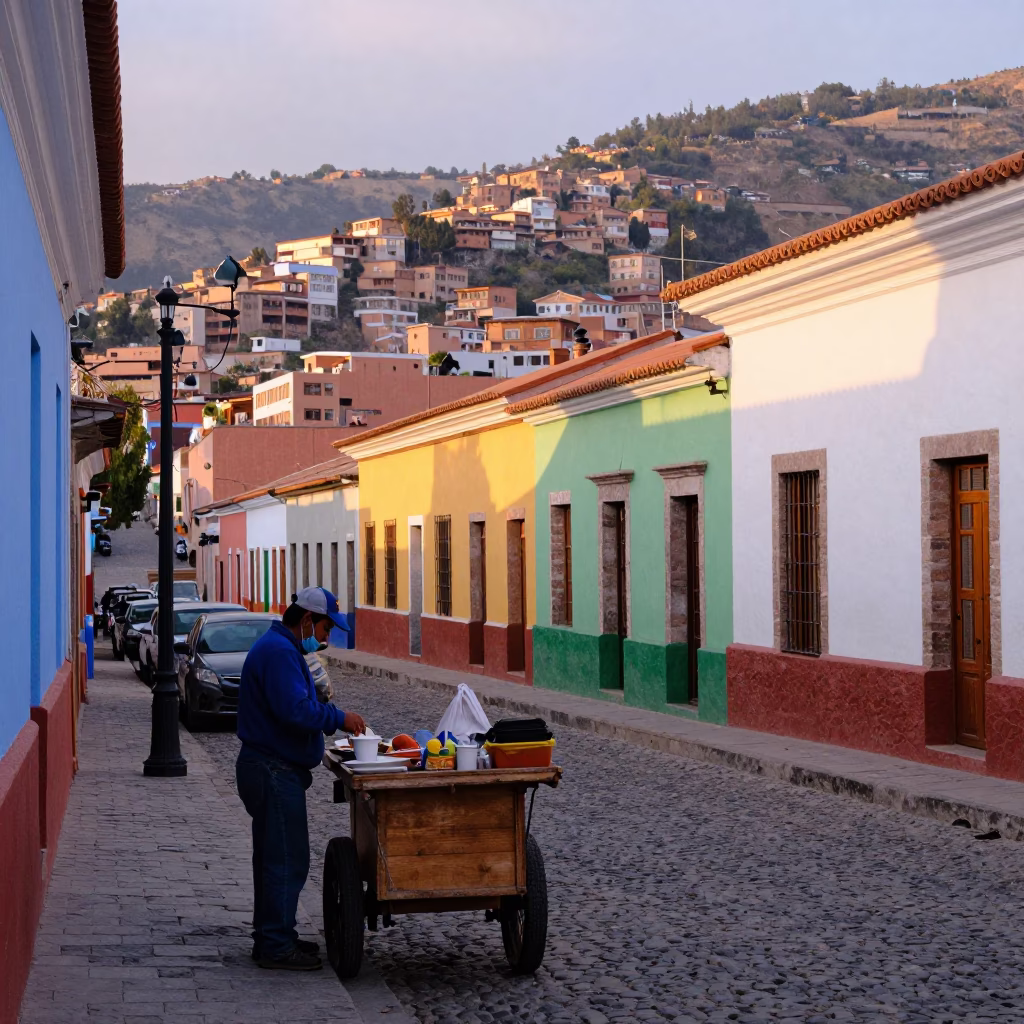Colorful Early Morning Street Scene in La Paz Bolivia with Local Breakfast in in La Paz, Bolivia