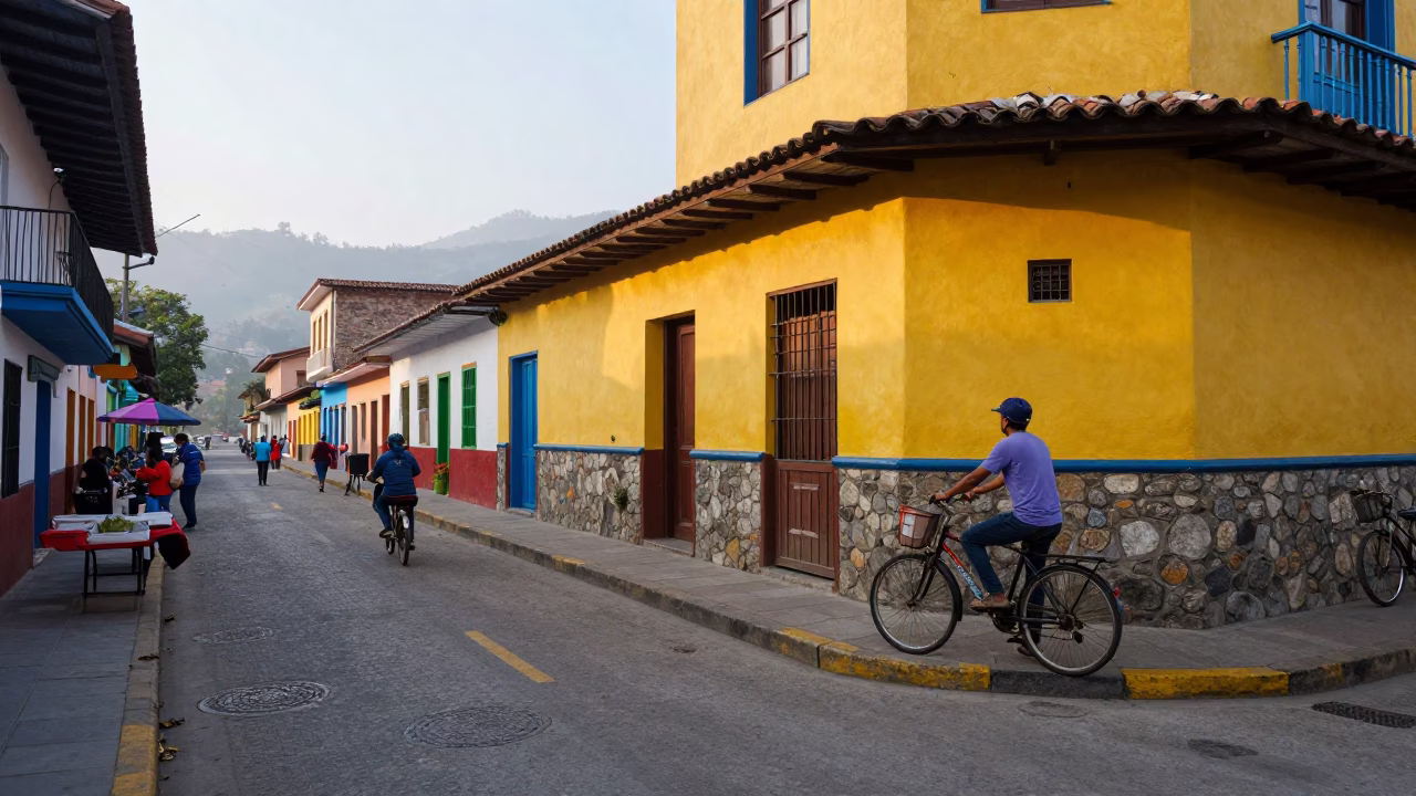 Colorful Early Morning Street Scene in Medellin Colombia with Bicycle Basket in in Medellin, Colombia