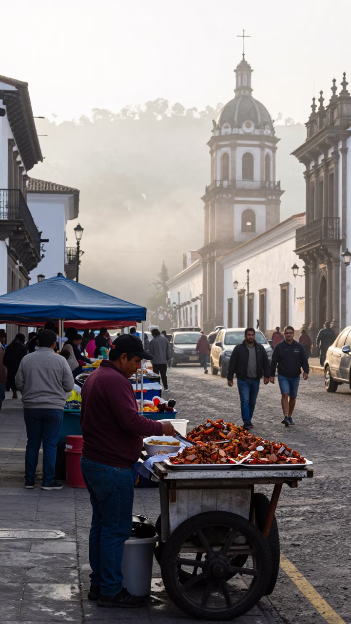 Colorful Early Morning Street Scene in Quito Ecuador with Local Market Activity in in Quito, Ecuador